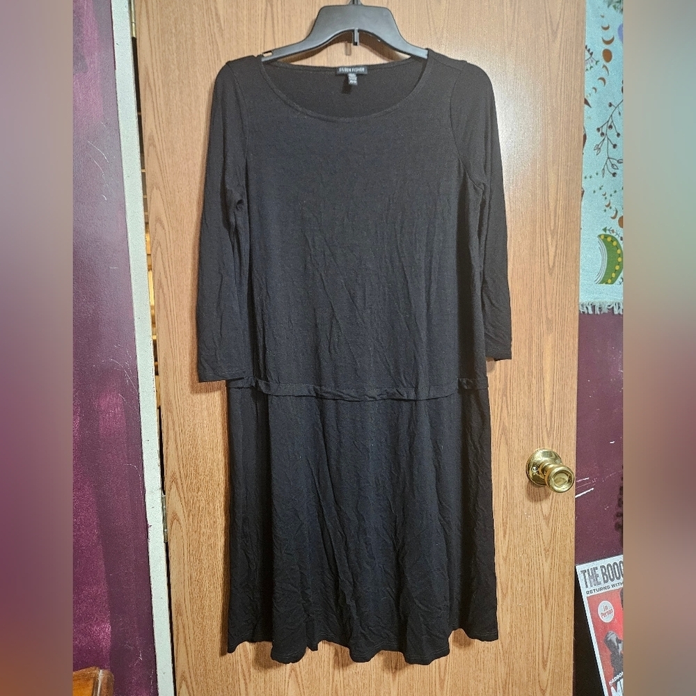 Eileen Fisher Black Half Sleeve Shift Dress Stretchy Classic Size XS!